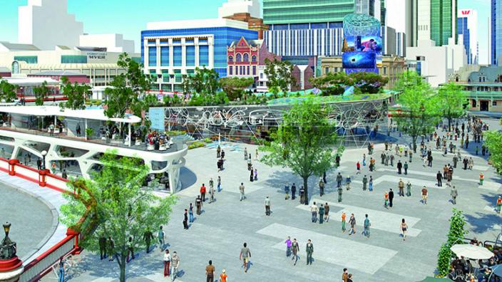 Colourful 3D rendered drawing of a city scape with people and trees